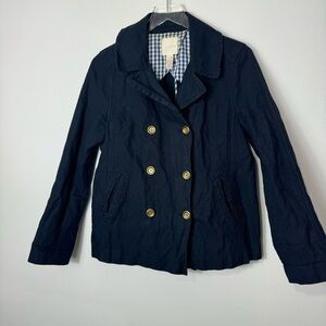J. CREW Indigo Pea Jacket Sz 10 Metallic Thread Gold Button Double Breasted